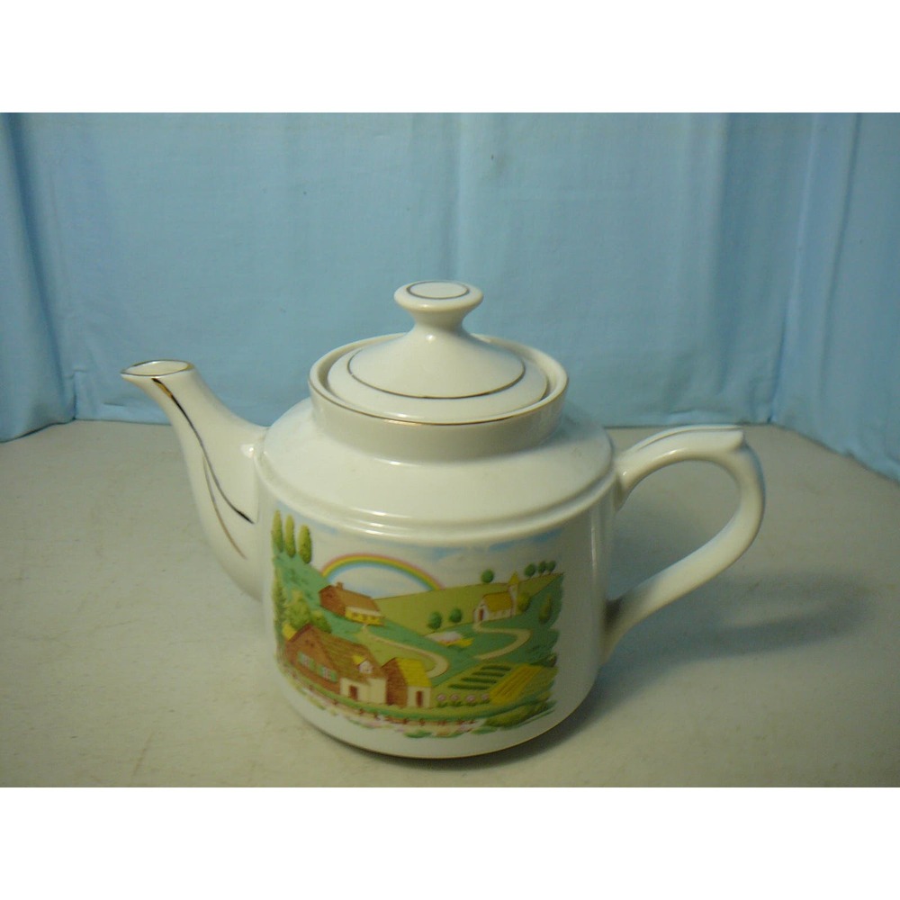 Vintage Ceramic Farmland Rainbow Tea Pot China  with Gold Trim